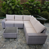 Juego de Sofás Seccionales de Acero Económico de 6 Piezas con Reposabrazos Anchos, Juego de Sofás de Esquina de Ratán para Patio y Jardín con Mesa de Centro