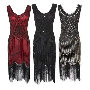 Kadınlar 1920 s Vintage büyük Gatsby elbise Sequins elbiseler neckTassels Bodycon boncuklu parti sineklik elbiseler Art Deco çift