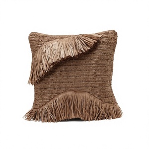 Coussin décoratif carré en jute tissé bohème, couleur unie, avec franges, pour intérieur et extérieur - Product Image 1