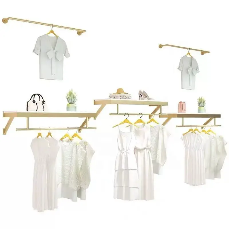 Fashionable Interior Design Gold Garment Metal Wall Mounted Hanging Rail Display Rack Retail Clothing Shop