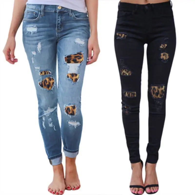 Pantalones vaqueros con estampado de leopardo para mujer, Jeans elásticos con parche rasgado, ajustados, B785