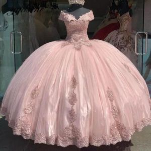 Pink Sweetheart Ball Gown Off Shoulder Applique Prom Dress Satin Empire Waistline Candy Color Princess Style - Product Image 2