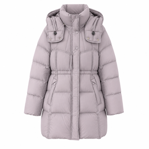 Chaqueta Larga Acolchada con Capucha para Mujer, Color Morado Claro, con Aislamiento de Plumón de Ganso de 200 Fill Power - Product Image 1