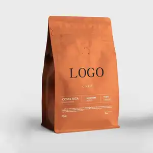 Vente en gros de pochette d'emballage en papier kraft pour café à fond plat écologique imprimé sur mesure avec valve sacs de café de 500g et 1kg