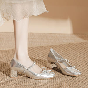 Silver Round Toe Mary Jane <b>Pumps</b> with Rhinestone Bow 6cm Low Heel PU Upper Rubber Outsole Formal for Women - Product Image 2