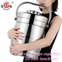 Boîte à lunch isotherme en acier inoxydable épaissi, forme tambour, avec couvercle plat et compartiments, 10L, pour maintien au chaud