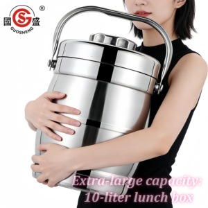 Boîte à lunch isotherme en acier inoxydable épaissi, forme tambour, avec couvercle plat et compartiments, 10L, pour maintien au chaud - Product Image 1