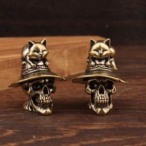 Brass Cat Skull Figurine 2Pcs Miniature Ornament Halloween Home Decor Eclectic Style - Product Image 1