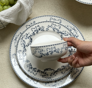 Service de table en céramique bleu floral vintage français, assiette, bol, tasse, soucoupe, vaisselle en porcelaine rétro pour mariage, restaurant - Product Image 4