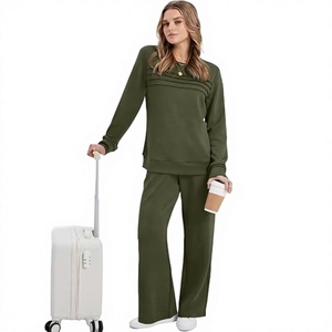 Conjunto de Salón de Dos Piezas para Mujer de Punto Acanalado de Spandex/Algodón: Top de Manga Larga con Cuello Redondo y Pantalones de Pierna Ancha, Color Sólido, Ligero - Product Image 4