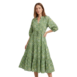 Green Floral Print Regular Sleeve Bodycon Mid-Calf <b>Dress</b> Turn-down Collar <b>Ruffles</b> Cotton Tea-Length Natural Waist Sexy Club - Product Image 1