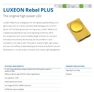 Lumileds LX18-P127-3 LUXEON Rebel PLUS Puce LED haute puissance Blanc chaud 2700K 80CRI 1W 88lm/W 120 - Product Image 2