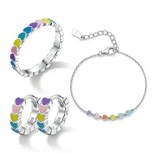 Hadiah Valentine anting-anting Hoop, set perhiasan cincin perak murni 925 warna permen pelangi untuk wanita
