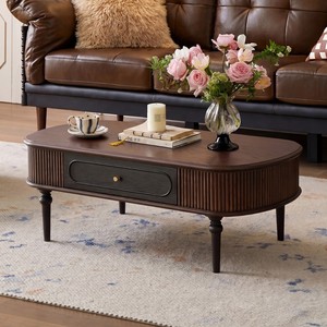 Ripple Patterned Coffee <b>Table</b> Solid Wood Oval Vintage French Style Storage Living Room <b>Sofa</b> Side <b>Table</b> - Product Image 3