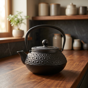 Tetera de metal estilo oriental con tapa y asa, diseño de hierro fundido negro - Product Image 6