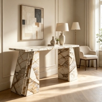 Table console en marbre naturel Pandora avec pieds découpés en couches, table de décoration pour entrée et couloir, idéale pour villa, hôtel, rangement et présentation intérieurs