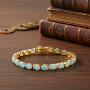Elegante Bracciale di Lusso Placcato Oro in <span class=keywords><strong>Argento</strong></span> <span class=keywords><strong>925</strong></span> con Opale Taglio Ovale, Accessorio con Gemma di Opale per Donne, Regalo di Nozze - Product Image 1