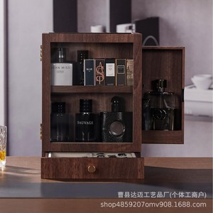 Wooden Men's Cologne <b>Storage</b> <b>Box</b> With Acrylic Window And <b>Drawer</b> For Fragrance Display Brown Rectangular Standing Type - Product Image 3