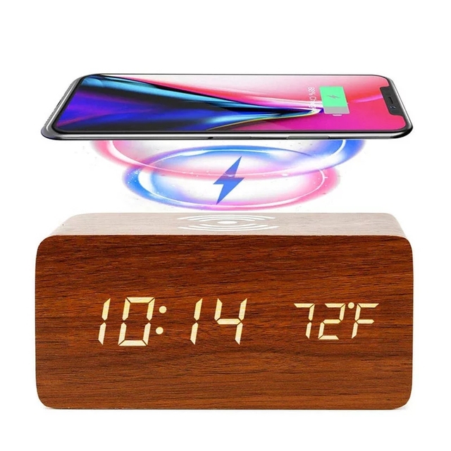 Wooden Smart Wireless Charger Alarm Clock LED Digital Bedside Desk Clock with Calendars Electronic Movement Type