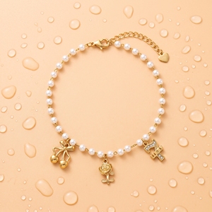 QIAOREN 13334 Bracelet de <span class=keywords><strong>cheville</strong></span> Coquette en perles avec nœud cerise, breloques en métal en forme de rose et lettres en strass, Bijou de pied élégant et délicat, Cadeau - Product Image 5