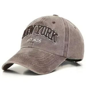 Eco Friendly Washed Cotton Denim New York 6 Panel Unstructured Embroidery Sports Baseball Caps
