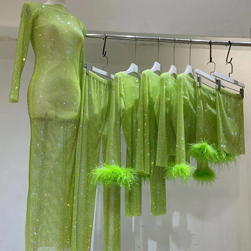 Sexy Rhinestone club wear Mesh Green Color Skirt Night Club Fashion Party Women Wear Rhinestone Dress