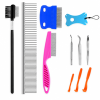 Kit de soins pour animaux de compagnie en acier inoxydable 11 en 1, brosses de toilettage, peignes, pinces à tiques, loupe pour chiens et chats