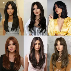 Extensiones de Cabello Sintético con Clip, 3 Clips, Lisas, Color Negro Marrón, para Mujer, con Flequillo, Postizo - Product Image 5