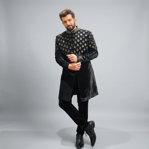 NEW-BEAUTIFUL EMBROIDERY on STYLISH BLACK VELVET SHERWANI and <b>PANT</b> WITH Men's Suits & Blazer>Men's Suits - Product Image 5