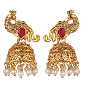 Efudgenz-Conjunto de pendientes colgantes de pavo real Jhumki Jhumka, joyería india, perlas chapadas en oro de bollwood, para boda - Product Image 1