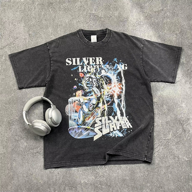 250G Washable Vintage Manga Superhero Cool Print T Loose Men's T-shirt