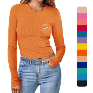 Fabricación de alta calidad, Camisetas básicas ajustadas acanaladas de algodón Spandex de alta elasticidad personalizadas, <span class=keywords><strong>Camiseta</strong></span> básica de <span class=keywords><strong>manga</strong></span> <span class=keywords><strong>larga</strong></span> para mujer - Product Image 1