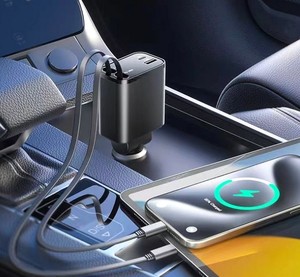 Adaptateur rapide USB-C PD 4-en-1 rétractable pour voiture avec lumière d'ambiance étoilée, station de charge rapide portable pour téléphone - Product Image 2