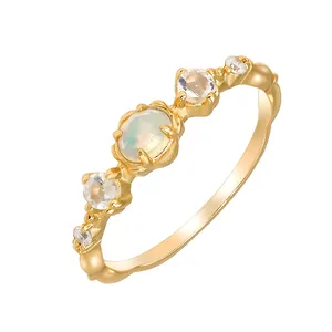 925 Sterling Silver 14K Gold Plated Gemstone Natural Opal Unique Design Retro Ring