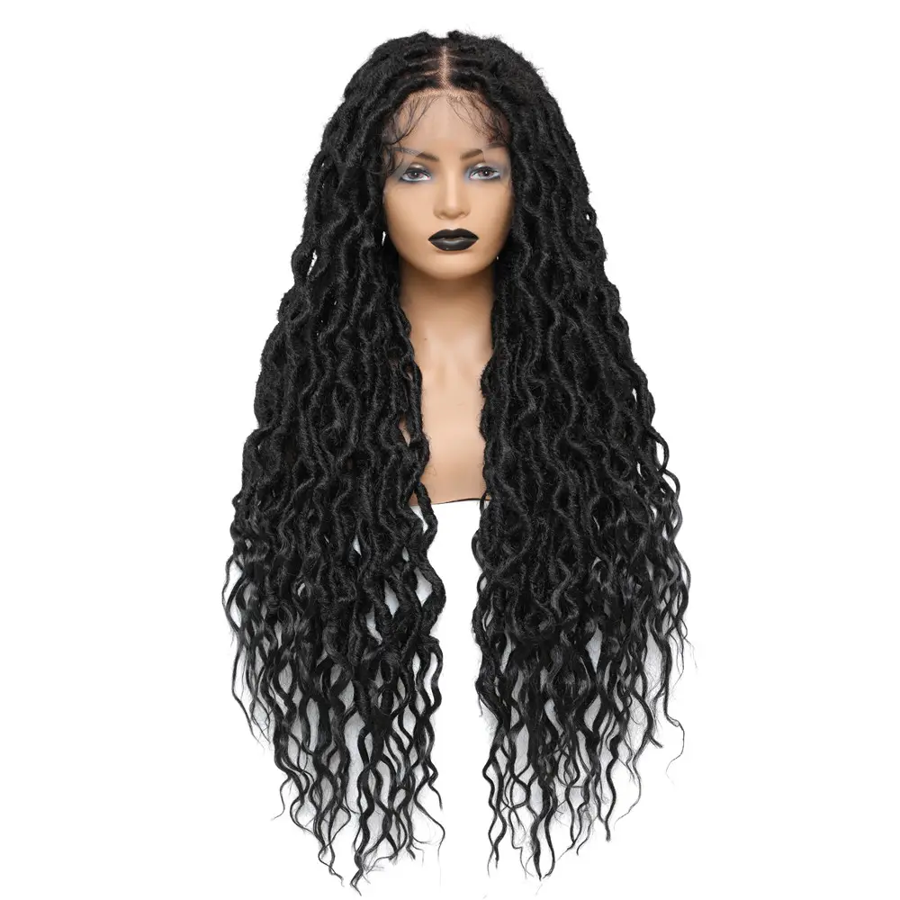 Wavy Faux Locs Braided Wig 13X4 Synthetic Lace Frontal Wigs with Goddess Locs Crochet Hair 32'' Braid Wig for Black Women