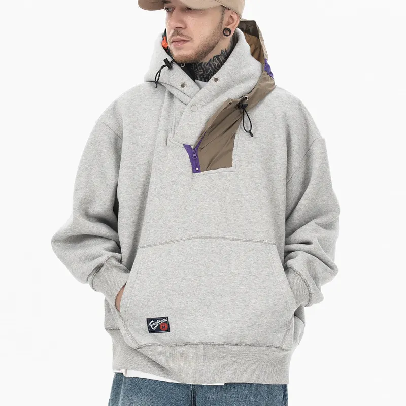 High Quality Irregular Contrast Color Splicing Tops Oversized Thick Hoodie Heavyweight Loose Casual Men's Fleece Hoodie