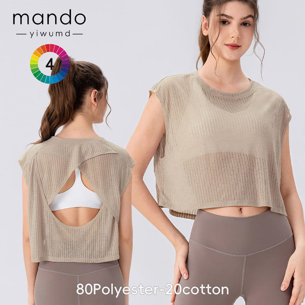 Round Neck Cross Back Cropped Tank Top Women's Soft Breathable High Quality Semi-transparent Fitness Yoga Top