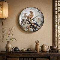 Jam Dinding Persegi Plastik Tahan Air Bergaya Art Deco dengan Gambar Dua Burung di Ranting, Senyap, Elegan, Dekorasi Rumah untuk Ruang Tamu