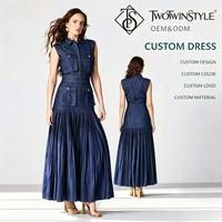 Robe longue en jean sans manches pour femme, col à revers, boutonnée, bleue, multi-poches, jupe plissée, pour les loisirs et les vacances, vente en gros