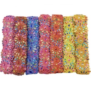 Renda Bordir Bunga Warna-warni Tempel Setrika Hot-fix 4.5 Yard untuk Jahit Kerajinan DIY Renda Payet Afrika - Product Image 1