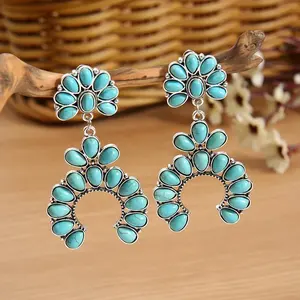 Western Country Rodeo Cowgirl Squash Blossom Turquoise Dangle Boucles d'oreilles Western Squash Blossom Boucles d'oreilles-Faux Turquoise - Product Image 1