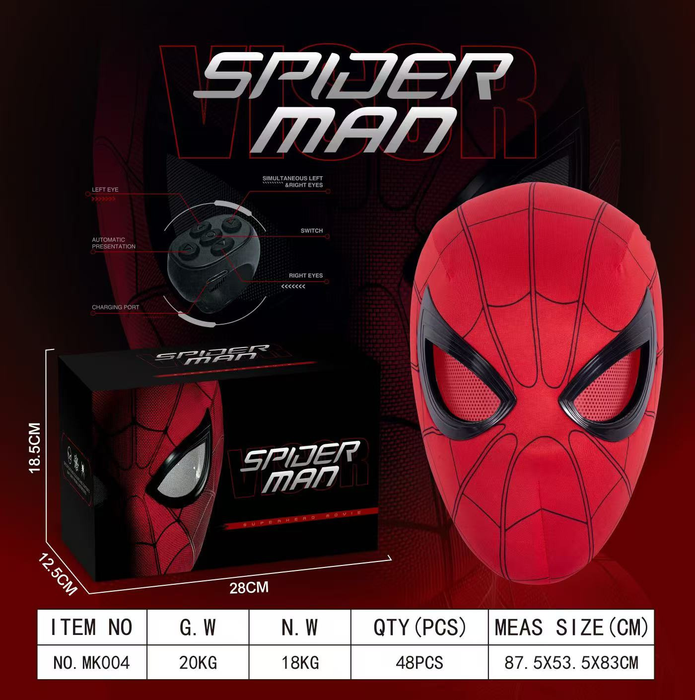 Máscara de Spider-Man con Control Remoto + Luces LED en los Ojos + Carga USB