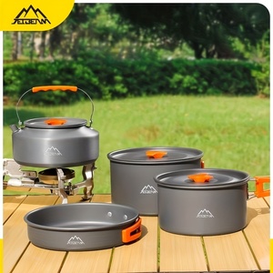 Il moderno <span class=keywords><strong>Set</strong></span> di pentole in alluminio da campeggio con manico arancione include custodia-buon prezzo per cucinare all'aperto - Product Image 3