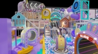 Parc de trampolines intérieur personnalisé de style urbain avec toboggan arc-en-ciel et piscine à balles pour centre de divertissement pour enfants dans un centre commercial