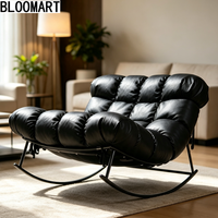 Fauteuil à bascule en cuir véritable avec rembourrage en éponge et plumes, base demi-courbe en acier inoxydable, fauteuil de relaxation