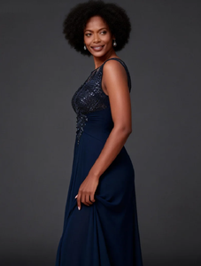 <span class=keywords><strong>Abiti</strong></span> da Cerimonia Blu Navy con Paillettes in Chiffon per Madre <span class=keywords><strong>della</strong></span> <span class=keywords><strong>Sposa</strong></span>, Linea A, <span class=keywords><strong>Taglie</strong></span> Forti, Senza Maniche, Lunghezza a Terra - Product Image 5