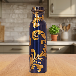 Bouteille d'eau vintage en métal bleu et or à motif floral, portable, avec couvercle - Product Image 3