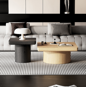 Juego de Mesa de Centro Moderno y Duradero de Roble, 2 Piezas, Muebles para Sala de Estar con Pedestal Cilíndrico y Acanalado - Product Image 4