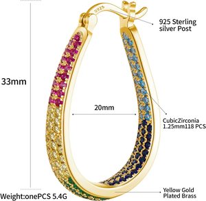 Pendientes de Aro Ovalados de Latón con Baño de Oro de 14K y <span class=keywords><strong>Circonitas</strong></span> Cúbicas <span class=keywords><strong>Multicolor</strong></span>, de Plata Esterlina S925, Modernos y Elegantes, Unisex - Product Image 2