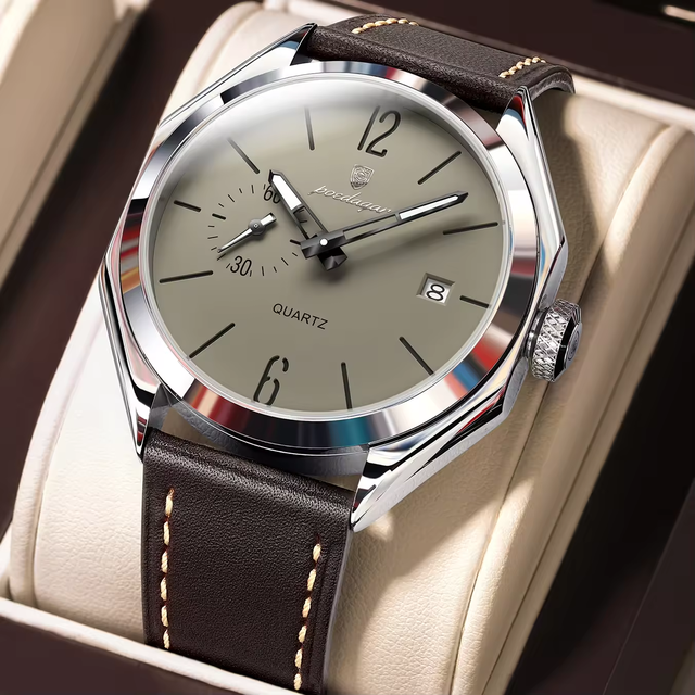 Poedagar 689 Men's Quartz Watch Grey Dial Brown Leather Strap Casual Business Waterproof Wristwatch with Date